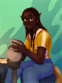 A digital drawing of Sunbeams player Tot Best. Tot is a dark-skinned individual, with dark cornrows dipped in wax, pointed ears, a tail resembling that of a pangolin, and more pangolin-like scales across their arms. They are wearing a collared yellow and white Sunbeams shirt and jeans, and are working on a piece of pottery. The background is teal with swirls lighter wavy stripes across it.