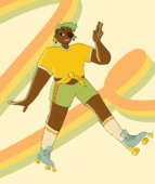 A digital drawing of Kaj Statter Jr. Sea has dark skin, short green hair shaved on the sides, an eyepatch over shore left eye, and is holding up two fingers in a peace sign. Xe's wearing a short sleeved yellow shirt tied at the front, green shorts with a single orange stripe down the side, and blue rollerskates with yellow wheels along with white crew-cut socks. The background is pale yellow with a row of faded, green, yellow, and orange stripes swirling across.