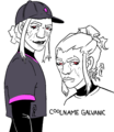 Two digital ink drawings of Coolname Galvanic on a blank background. Galvanic is an albino Japanese person with heavy scarring under its red eyes, a crooked nose, and pronounced cheekbones. It has long white hair in a messy bun, and is wearing a solemn expression as it looks towards the viewer from eyes with long bottom lashes. In the second, it has a lift hat with its hair tied in a low bun, and is wearing a black turtleneck under a cropped Lift Jersey. It is facing to the left and looks over its shoulder to smile at the viewer with a mouth full of sharp teeth.