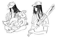 Two line drawing portraits of Nagomi Nava, a woman with long black hair, with eyes visible in the hair. In one, she is holding Sutton Bishop, a tentacled goose. In the other she is holding her bat