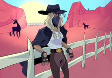 A digital drawing of Donia Bailey, a thin blonde woman in cowpoke attire, complete with a black bandanna covering the lower half of her face. Donia is leaning backwards against a fence made of bones where horses are being held. The sun is just peaking up over the horizon, and the red desert rocks are tinted pink.