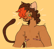 A digital drawing of Malik Destiny, a tan catboy with fluffy brown hair. He has a catlike muzzle and yellow eyes. He has large ears and a brown tail. There is a red streak in his fringe, and he has top surgery scars.