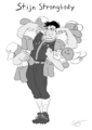A digital grayscale drawing of Stijn Strongbody, a muscular four-armed Japanese man with glasses. He is wearing a Lift uniform, and is standing while hugging four blaseball-themed plushies, each wearing a blaseball uniform with one of four blaseball caps representing the sunbeams, magic, tacos, and dale. His eyes are closed and he has a big grin on his face. The background is blank white.