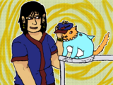A digital drawing of Brie, a Japanese person with light skin and shoulder length black hair, and Brisket, an orange cat in a shark costume. Brie is putting a cat-sized baseball cap on Brisket’s head. Brisket looks alarmed. The table Brisket is sitting on is falling apart under his weight.