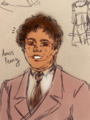 A digital drawing in browns. Amos Penny is a fat butch with short curly hair, warm brown skin, and a suit.