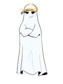 A digital drawing of Sunbeams player Paula Reddick depicted as the archetypal bedsheet ghost. Shi has hir arms folded in front of hir and is wearing a light yellow Sunbeams blaseball cap.