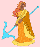 A drawing off Goodwin Morin. She is a tall, slightly chubby Indian woman. She is wearing a patterned golden saree that has a wing design on one of the arms. In one hand she is holding a blue spear shaped like an arrow. Her hair is made of a warm colored glowing galaxy pattern.
