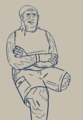 a digital line drawing of cudi di batterino sitting and crossing his arms as he grins a lopsided grin. his left leg is amputated above the knee. he wears a beanie, sleeveless shirt, and cargo shorts.