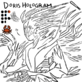 An uncolored line drawing of Doris Hologram with its team, stats, and position displayed above. Doris is a glitching carcinized vaguely humanoid hologram with long sharp fingers and spines coming from its head, elbows, clavicle, and back. She has four eyes and a crab mouth, and blows a heart at the viewer.
