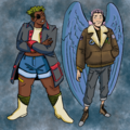A fullcolor digital drawing of Statter and Bluesky. Kaj is a fat buff black person with an eyepatch, short seaweed hair, and glasses. Sea is wearing a black and red pirate overcoat, a crop top, jean short shorts, and mid-length sand and green boots. Sea is crossing shore arms with feet planted in a confident stance as sea looks toward one side and smiles. Bennett is a slim East Asian trans man with blue wings and shoulder-length dyed pink hair slicked back behind a pair of headphones. He is wearing a bomber with several patches including a trans flag, a park ranger badge, and his teams, and he looks to the side with a close-lipped rueful smile.