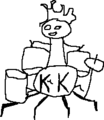 a digital drawing of kelvin drumsolo. xe is a person with flaming hair, sitting on a drumkit with spidery legs.