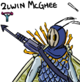 A digital drawing of alt bug elwin, a blue and green mothlike bug person wearing a sleeveless scalemail shirt, hood with antennnae poking out, and a mask. It has a large harpoon gun strapped to its back, and bright yelloww fungus spires protruding from its shoulders.