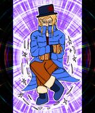 Abner Pothos, an older person with long yellow hair and pale skin, is wearing a big puffy coat and shivering while levitating in the air. It has on mittens and winter boots. The background of the image is a colorful psychic flair.