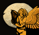 A monochromatic gold and black digital drawing of Val Games, a muscular person with long very curly hair held back by a headband, heart sunglasses, a tank top, chitin on her face, and outspread golden wings. They are holding their neck with one hand, while the other is clenched around their elbow. He turns his face up to the sky with closed eyes and a neutral frown. The shadows on her are intense, and ve is backlit by the Coin looming in the background.