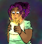 A digital drawing of Magi Ruiz, a Thai/Filipina woman with brown skin, a purple hearing aid on her right ear, and plum purple hair styled into a long undercut. She is illuminated by the glow of a piece of the sun that is contained inside a mason jar she is holding in front of her.