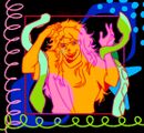 A digital drawing of Jessica Telephone, a woman with long hair and the buttons of a telephone number pad under her right eye. The drawing is stylized in bright colors, with Jess being bright orange, and neon green squid tentacles curling up from below. Along the left and bottom edge are curled lines reminiscent of telephone cords.