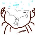 A rough line drawing drawn in a program such as MS Paint. A small figure labeled "Bentley" stands in the middle of a crab labeled "crabitat." The head of the figure is a jar, and out of the jar comes a fish with a giant mouth open the width of the crabitat to catch all of the snow (depicted as light blue dots labeled "snow") in their mouth.