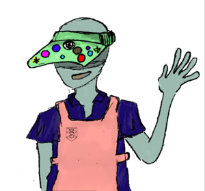 Coffee Warhorse is an alien with grey-green skin and a barista visor covered in buttons that covers Coffee's face.