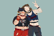 A digital drawing of Mike Townsend and Tillman Henderson in punk outfits. Mike is a tall man with pale skin and long brown hair. Tillman is a short fat man with light skin and dark hair.