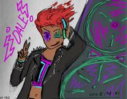 Riley Firewall, a brown-skinned person with fire for hair, a purple star and green sound bar for eyes, and a black leather jacket, poses in front of a big speaker with turquoise, purple, and pink accents.