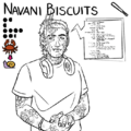 An uncolored drawing of Navani Biscuits with their team, stats, and position displayed above. Navani is a young carcinized Desi person with heavy peanut scars and short hair swept back with a head band. They wear a pair of headphones around their neck, and they clasp their hands as they look to the side with a slightly amused but disgruntled expression. Beside them, there is a box showing a twitch chat replying to their actions with various inane peanut-related messages such as "pognut" and "just shell someone already!"