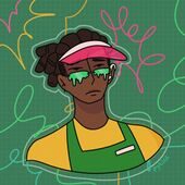 A digital drawing from the shoulders up of Guy Gulp. Ze is a dark skinned individual with dark brown locs tied in a short ponytail, a hearing aid in zir left ear, and an incredibly neutral expression. Ze's wearing a green apron over a yellow shirt, a pink translucent plastic visor, and green drip glasses.
