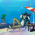 A digital drawing of Jan, a skeleton in an open buttonup t-shirt over another shirt, lying on a lawnchair next to the underwater Goo Lagoon from the show Spongebob.