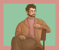 A digital drawing of Joshua Butt. In the first image, they are seated on a chair facing 3/4 right with a relaxed expression and wearing glasses. Butt has a short brown beard, as well as a short haircut. Their right arm rests on their folded legs, while the left arm rests partially on the back of the chair. They are dressed in warm colors, with a large tan-brown jacket and a pinkish turtleneck. /end image description