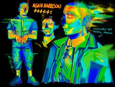 Digital drawings of Agan Harrison, colored to resemble photos taken via thermal imaging.