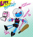A digital drawing of a stuffed toy version of sentient waterbottle Ayanna Dumpington. In the top corner, text reads "Lift official! Ploosh!!" and to one cide there is a white home game Lift uniform with the text "home game outfit." She is wearing the same outfit, but black. Text points to the cap on her head to inform the viewer that it "doesn't twist off," Her shoes are called "feet shields," and text points between her velcroed palms and a stuffed blaseball bat to say "velcro accessories." The final text just says "Unsettling!" with a smiley face.