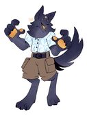 A digital drawing of Hellmouth Sunbeams player Howell Franklin. He's a werewolf with dark fur and big paws. He's wearing a pale blue button down with a light blue flower print and khaki cargo shorts. The pads of his paws are a light yellowy-orange color.