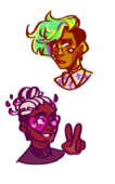 Two digital bust drawings of Lance Serotonin, an afro-brazilian man, and Cudi di Batterino, a Japanese-brazilian man. Lance is wearing pink heart-shaped glasses and has dreadlocks made of candles, which are tied up into a bun. He is smiling and is holding up a peace sign with one hand. Cudi has green hair with shaved sides and has some band-aids on his face. He is looking doubtful or suspicious of something.