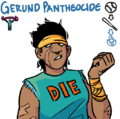 Digital drawing of Pantheocide, who is wearing a yellow bandanna over her eyebrows and short fluffy black hair, and a blue sleeveless shirt with the word "DIE." She hods one arm up as she gestures to talk about something.