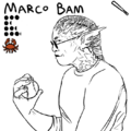 An uncolored line drawing of Marco Bam with his team, stats, and position displayed above. Marco is a middle aged South African trans man with heavy carcinization along the sides of his head, neck, and back. He has round sunglasses and his hair is styled in microbraids woven together to create a ridge along the top of his head, leading to a long low ponytail. He stands with his side facing the viewer as he smiles a close-lipped smile and holds a blaseball up at chest height with one hand.