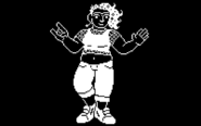 A black and white pixel sprite of Goodwin Morin. She is a tall woman wearing a mesh top and comfortable pants. Her hair is made of stars.