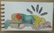 A watercolor drawing of Jessica Telephone, a blonde woman with light skin and a red phone attached to her hip, crying on the ground while holding a Steaks hat. She is crying liquid static. Five bird feathers are in the air above her.