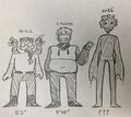 A pencil-drawn height chart of Quill Harrow (5 foot 3 inches), Callum (5 foot 10 inches) and Ooze (Unknown Height, shown to be taller than the others). Quill has a rectangular build, round glasses, mechanical octo-arms, and a long braid. Callum is fat, has short hair, and wears a crop top hoodie. Ooze is tall, skinny, and made out of goo.