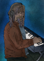 A digital drawing of Ron Monstera, a bridge troll person sitting down and playing a synthesizer. He has dusty beige skin and hair with blue undertones that resembles stone. He is wearing a red flannel and a blue shirt, and dark green pants. He has long dirty blonde hair that covers his eyes, which are not visible, and has two long sabertooth-like sharp teeth that emerge from his mouth. He is wearing headphones