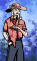 Coolname is depicted as a lanky albino Japanese person with very straight and brittle-looking long hair. They are wearing a broad sunhat with a sunflower on the brim, a partially untucked red aloha shirt with a sunflower pattern, and track pants. On one arm they have three slap bracelets of assorted colors, and the other arm is holding a pair of shutter shade sunglasses. They look at the viewer with a dour grimace and furrowed brow. One ear has a frog earring.