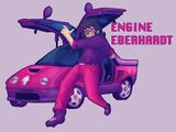 A digitally painted picture of Engine. He has shaggy black hair, red sunglasses, a purple shirt, and pink pants. He is in front of a fancy car with doors that hinge at the top, and is taking an exaggerated step away from it, towards the viewer.