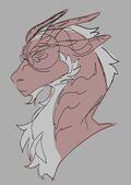 A headshot of Hendricks Richardson. He is a red dragon with horns, white fur that runs down the underside of his neck, and small circle glasses.