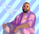 A digital drawing of Malik Romayne sitting wearing a purple jacket with a speedboat emoji on its front pocket.