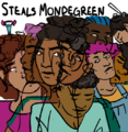 A digital drawing of Mondegreen, a black woman whose appearance follows the dream logic where you know always know who someone is even though their appearance might not be constant. There are many overlapping faces in the image, with different clothes, face structures, and hairstyles.