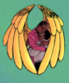 A digital drawing of Aldon Cashmoney and Guy Gulp. Aldon and Guy are two Black people in an embrace, golden wings from Aldon enveloping the two of them in front of a pale green/blue background. Aldon is wearing a hot pink suit, while Guy is wearing a light blue hoodie over a green button up shirt.