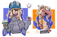 Digital art of Polkadot Patterson and Alto Patterson. Polkadot Patterson, on the left, is a squid person with straight hair and a baseball cap that says "MT" on it. They are wearing a sweatshirt with the word "Coach" on the front. Alto Patterson, on the right, is a confused looking squid person with ruffled hair and a t-shirt that reads "NOT JUST A COPY".