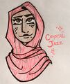 A pen and marker bust drawing of Crystal Jazz, a woman with light brown skin, a pink hijab, and sparkles on her cheeks. She smiles as she looks above the viewer.