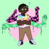 A drawing of Guy Gulp, a short, chubby Black person with a short afro, dark brown eyes, a hearing and a hearing aid. Guy is wearing a tie dye shirt, khaki pants, black and purple high top sneakers, a green transparent visor, and small, oval shaped green glasses made to look like they're melting. Guy also has two extra sets of arms, one made of pink and black tile and one made of green goopy material. His actual arms are crossed and he is looking to the side looking confused. The background is light green with a light pink circle behind him.