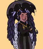 A digital drawing of Willow Dice. She is a harpy with light brown skin dressed in the Sunbeams Shadows uniform and a corset. Her wings and hair have the colouration of an Australian Magpie, and she is holding a parasol that puts her upper body in shadow. Her eyes are closed and she is smiling lightly.