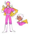 Digital drawings of Tokyo Lift player Grollis Zephyr dressed as a tokusatsu hero. Ze are wearing a pink hero costume with white boots, yellow gloves, a yellow cape, and a pink helmet that completely covers hyr face with a yellow up arrow emblem on it. Ze's holding up a blaseball in hyr right hand. There's a smaller drawing on the right that's a headshot of Zephyr unmasked. Ze has tan skin and white hair, and is smiling.