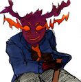 A digital drawing with traditional lineart. It shows Landry Violence, a reddish-pink demon with jagged fiery antlers and orange lightning bolts arcing out from his eyes. He is sitting down and we can see his arm in front of his legs holding a bat. He is wearing a denim jacket.